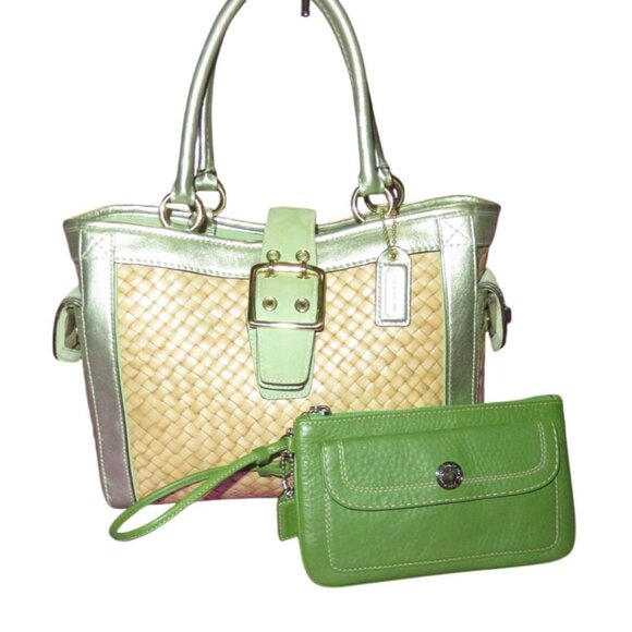 Coach 2005 Limited Edition Raffia & Green Suede Leather Top Handle Tote Satchel - Picture 1 of 16